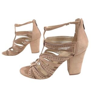 Vince Camuto Womens Heeled Sandals Tan Laser Cut Gladiator Block Heel 9M